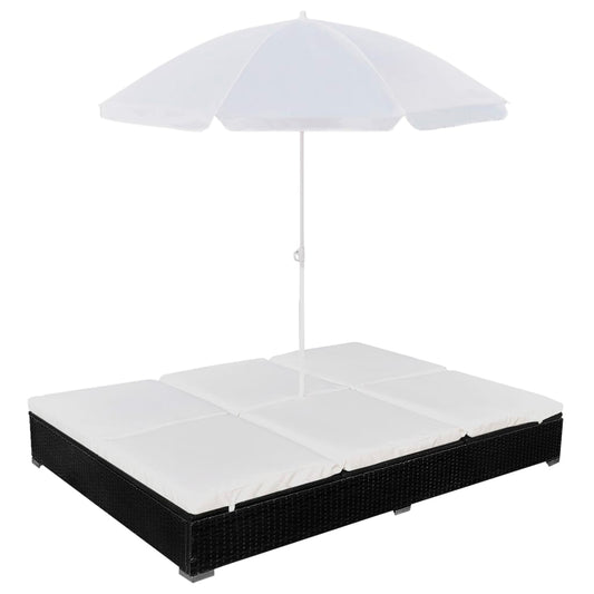 Outdoor-Loungebett mit Sonnenschirm Poly Rattan Schwarz