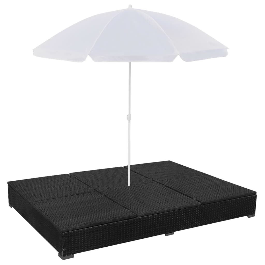 Outdoor-Loungebett mit Sonnenschirm Poly Rattan Schwarz