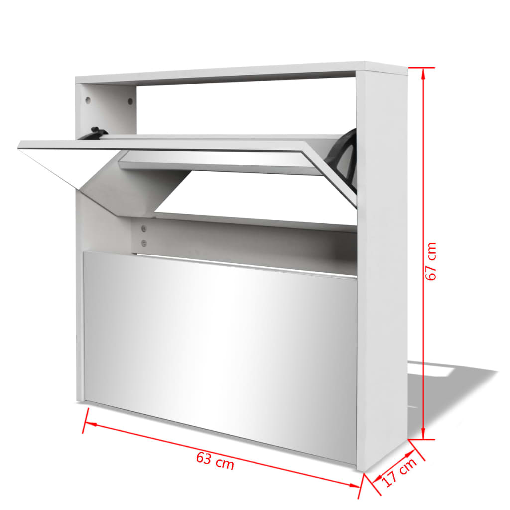 Schuhschrank mit 2 Fächern Spiegel Weiß 63x17x67 cm