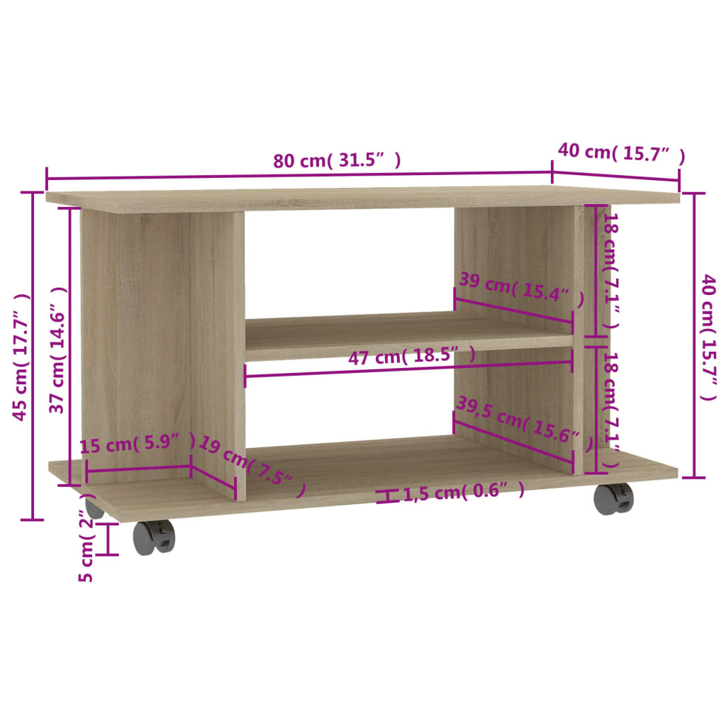 TV-Schrank mit Rollen Sonoma-Eiche 80x40x45 cm Holzwerkstoff