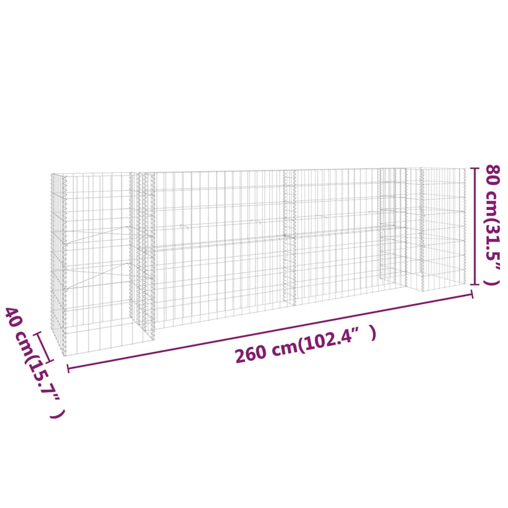 H-förmiger Gabionen-Pflanzkorb Stahldraht 260x40x80 cm