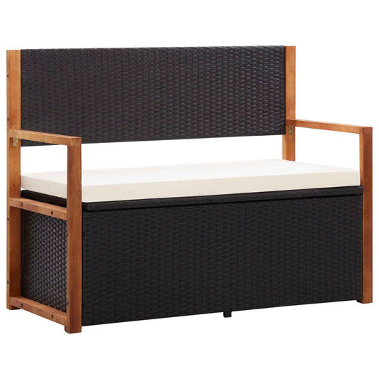 Bank mit Stauraum 115 cm Poly Rattan Massivholz Akazie Schwarz