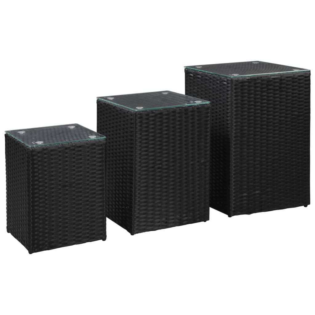 Beistelltische 3 Stk. mit Glasplatte Schwarz Poly Rattan