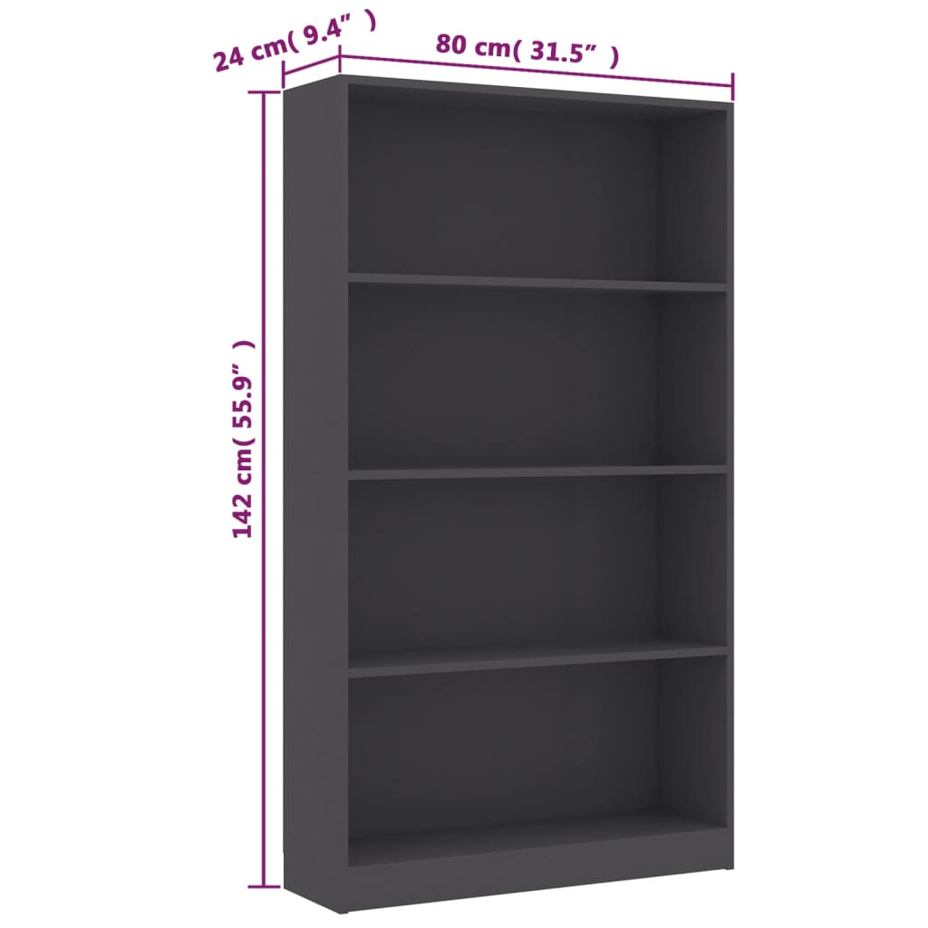 Bücherregal 4 Fächer Grau 80x24x142 cm Holzwerkstoff