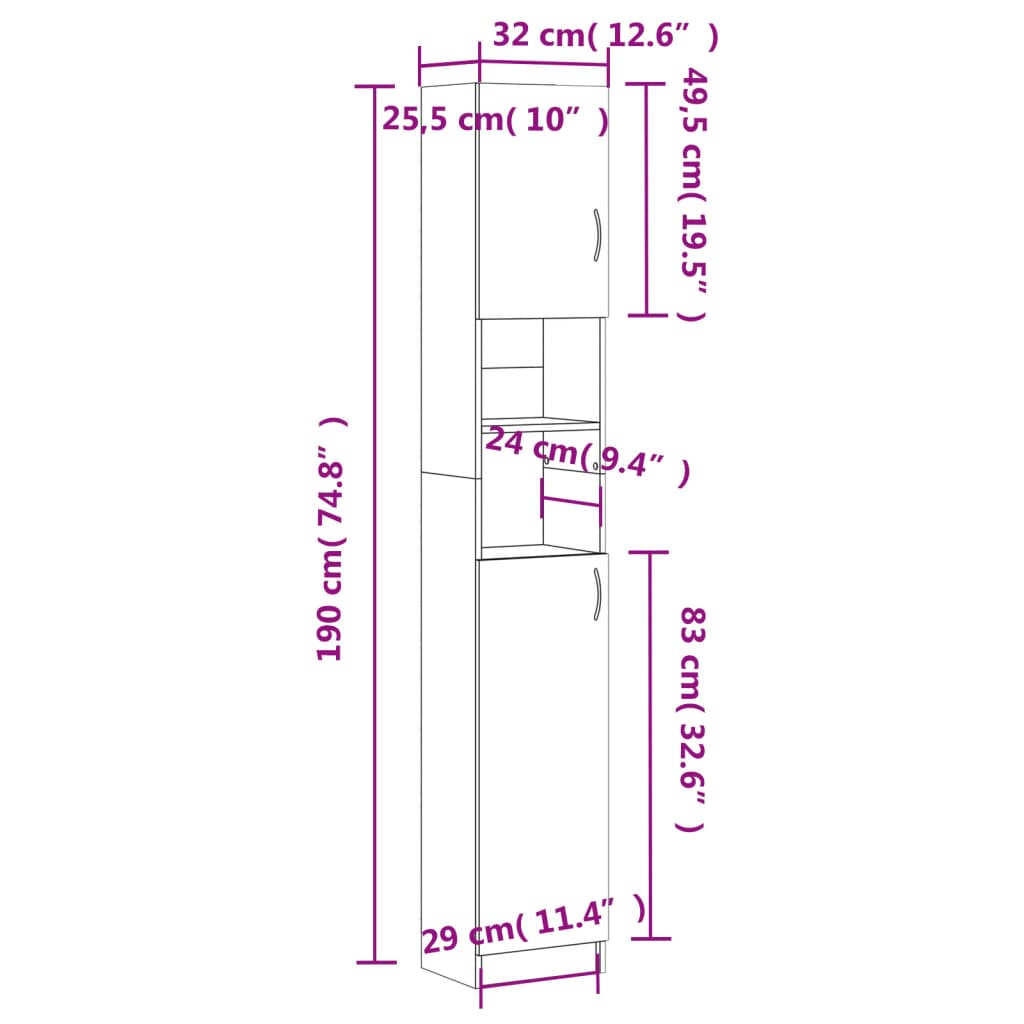 Badezimmerschrank Schwarz 32x25,5x190 cm Holzwerkstoff