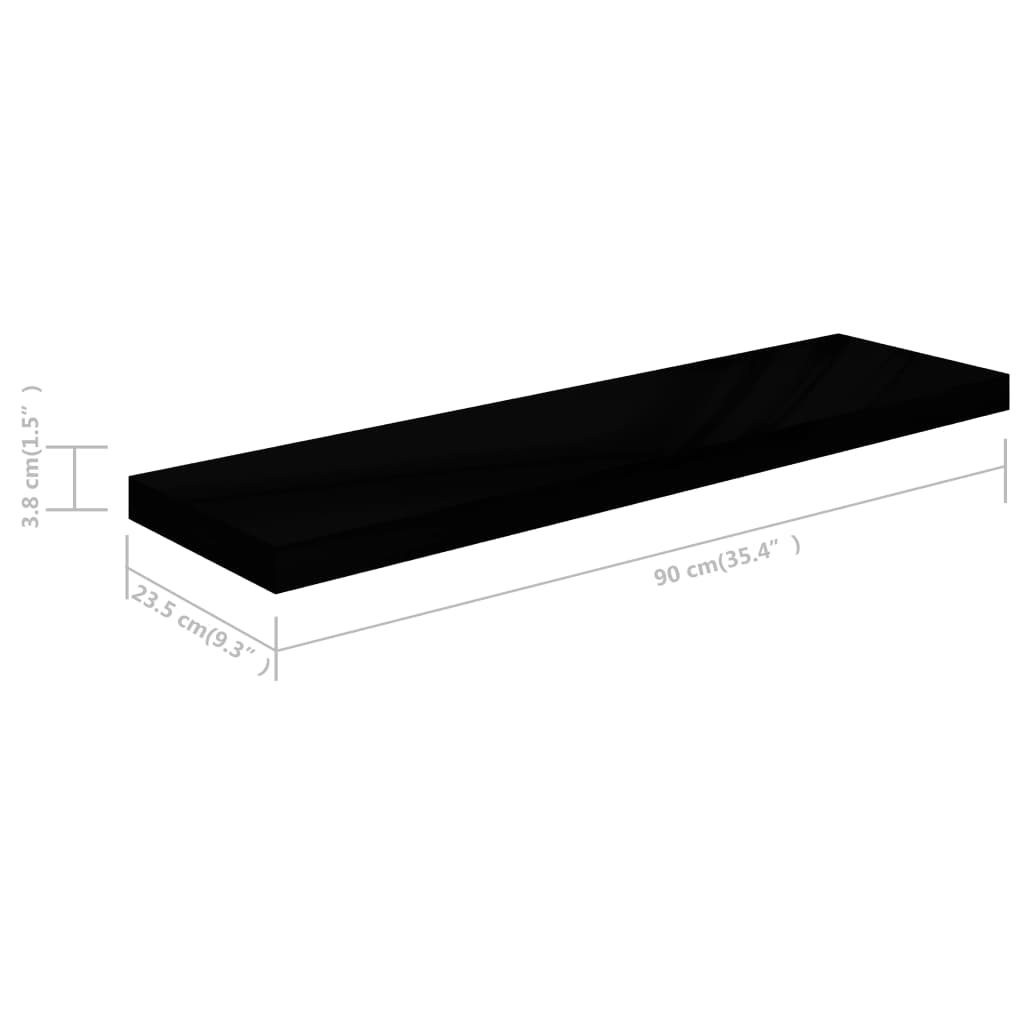 Schweberegale 2 Stk. Hochglanz-Schwarz 90x23,5x3,8 cm MDF