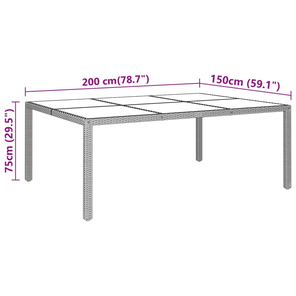 Gartentisch 200x150x75 cm Hartglas und Poly Rattan Schwarz