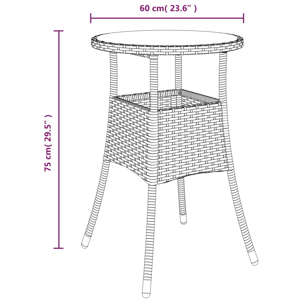 Gartentisch Ø60x75 cm Hartglas und Poly Rattan Braun