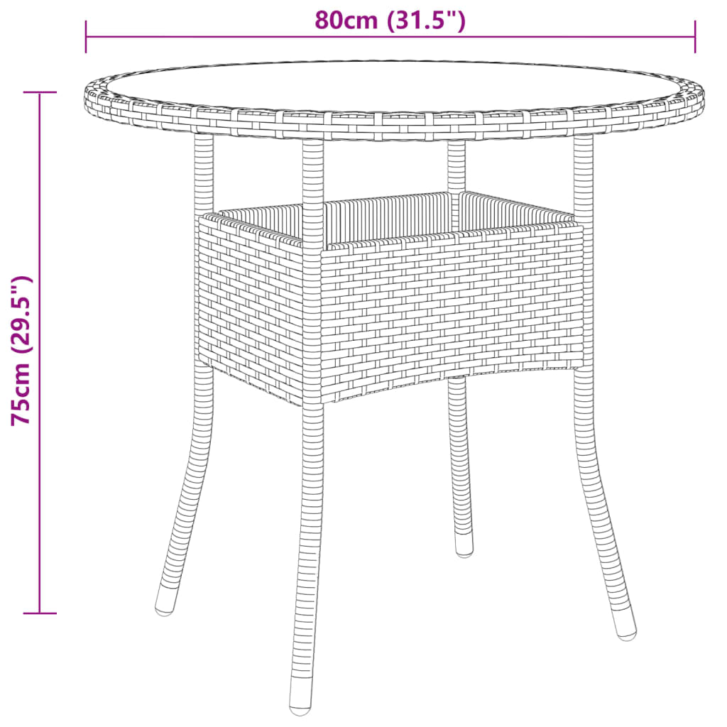 Gartentisch Ø80x75 cm Hartglas und Poly Rattan Schwarz