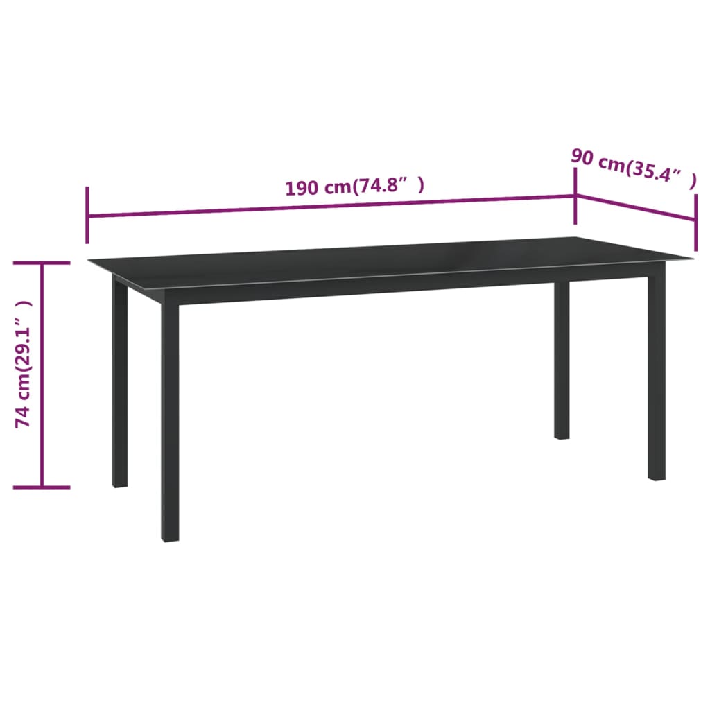 Gartentisch Schwarz 190x90x74 cm Aluminium und Glas