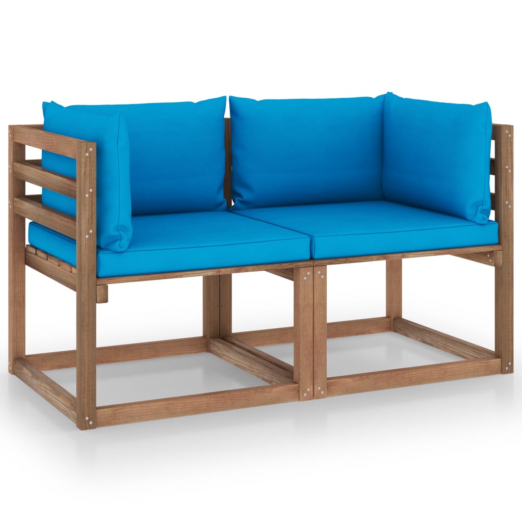 Garten-Palettensofa 2-Sitzer mit Kissen in Hellblau Kiefernholz