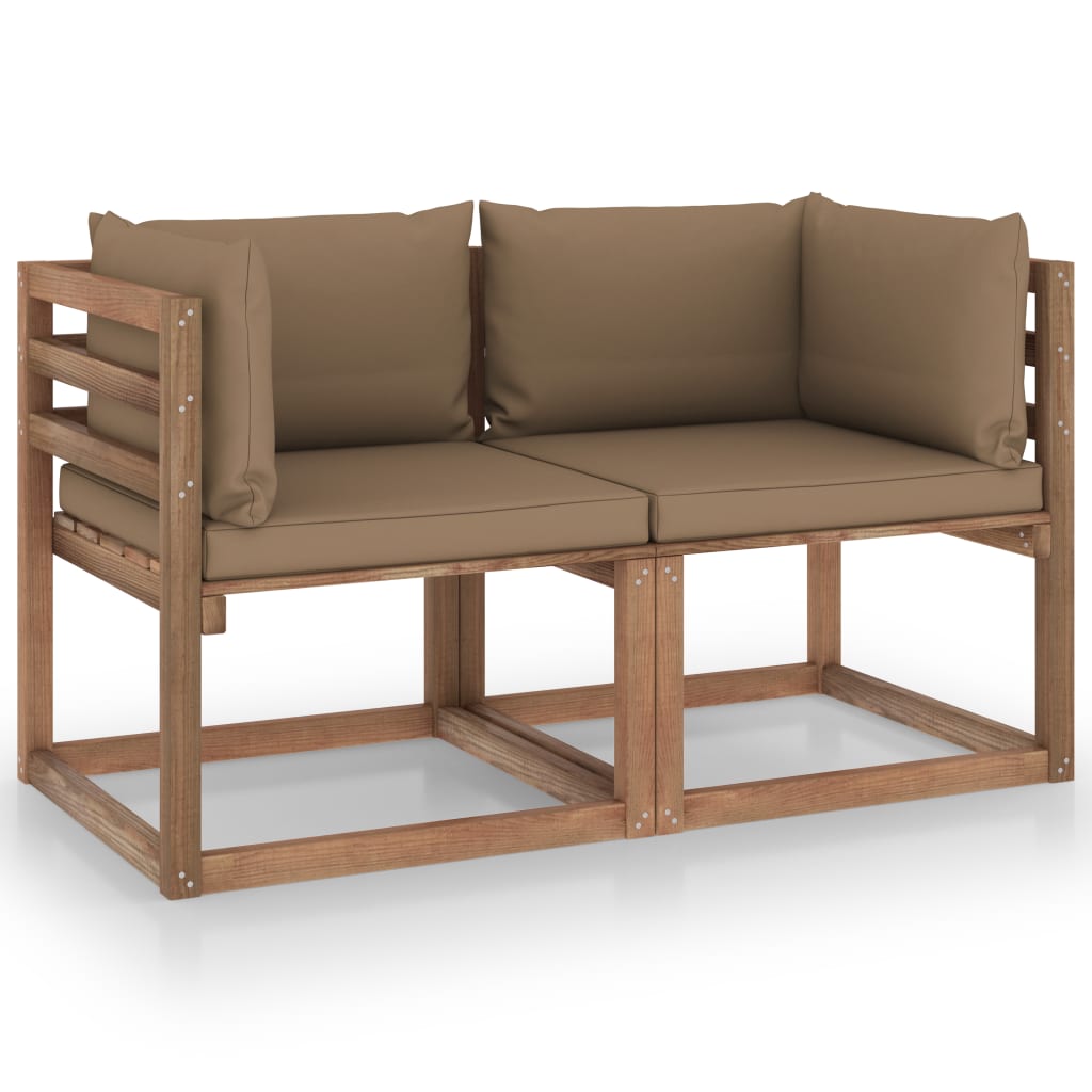 Garten-Palettensofa 2-Sitzer mit Kissen in Taupe Kiefernholz