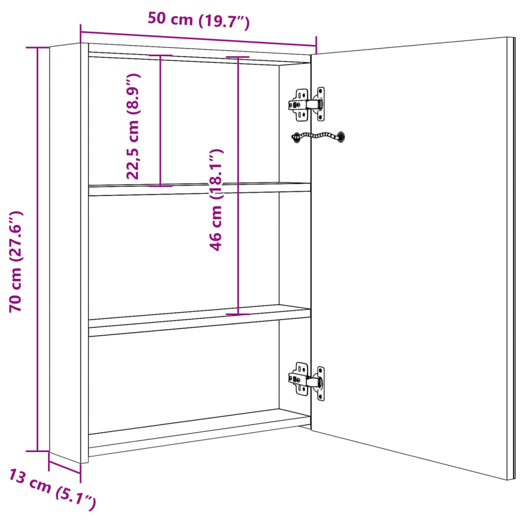 LED-Bad-Spiegelschrank Weiß und Eichen-Optik 50x13x70 cm