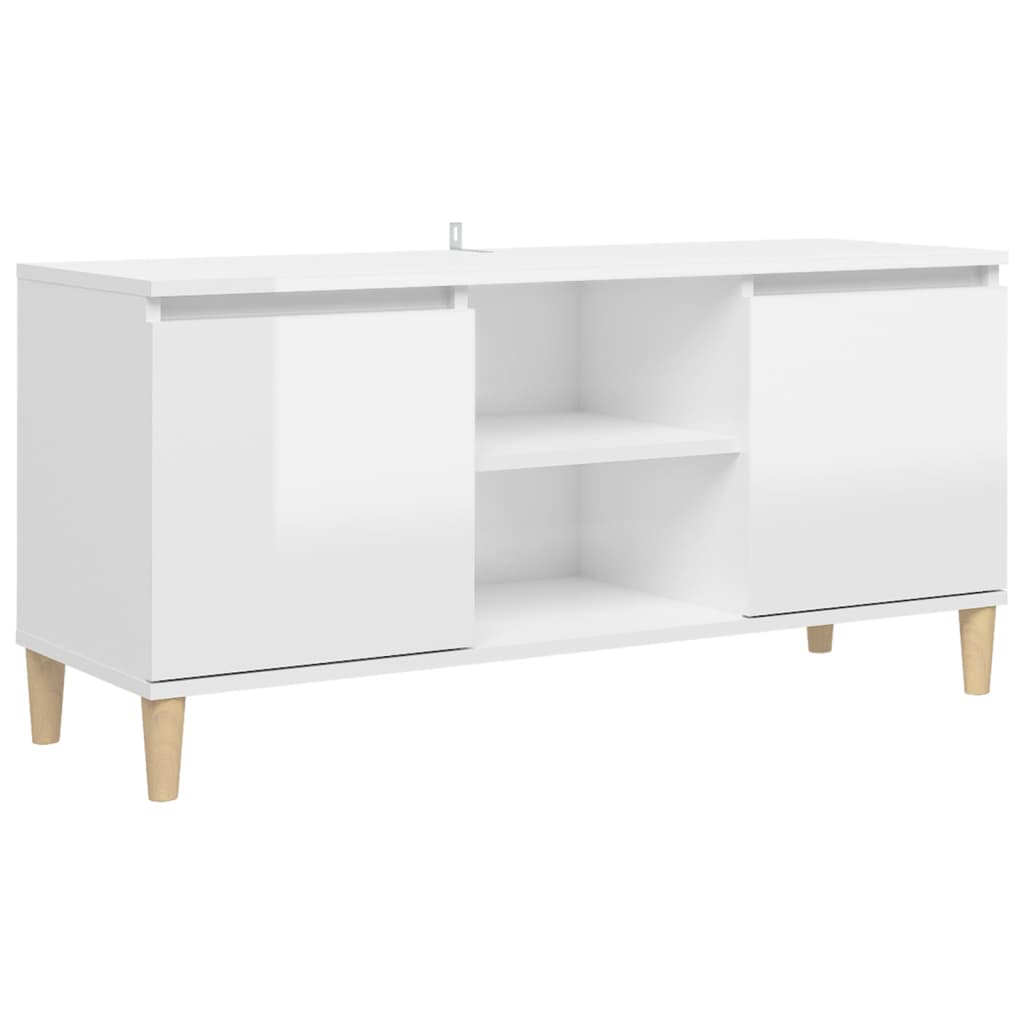 TV-Schrank mit Massivholz-Beinen Hochglanz-Weiß 103,5x35x50 cm