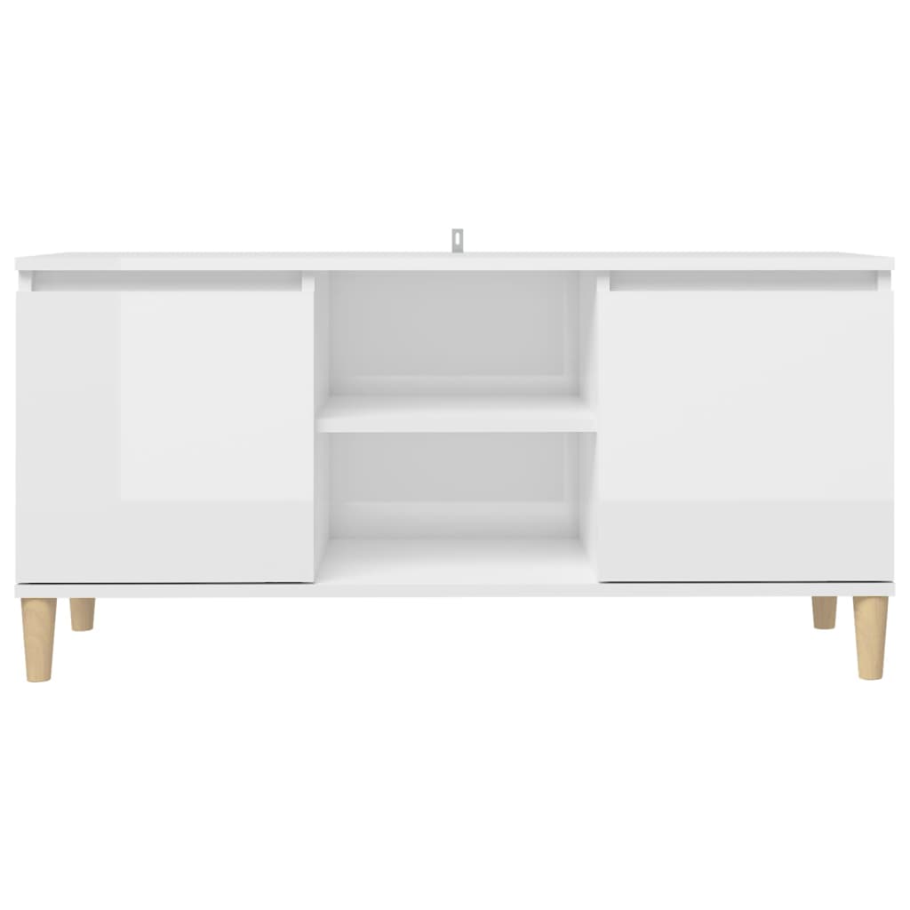 TV-Schrank mit Massivholz-Beinen Hochglanz-Weiß 103,5x35x50 cm