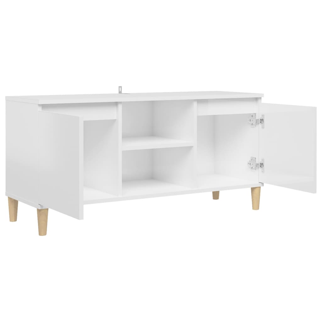 TV-Schrank mit Massivholz-Beinen Hochglanz-Weiß 103,5x35x50 cm