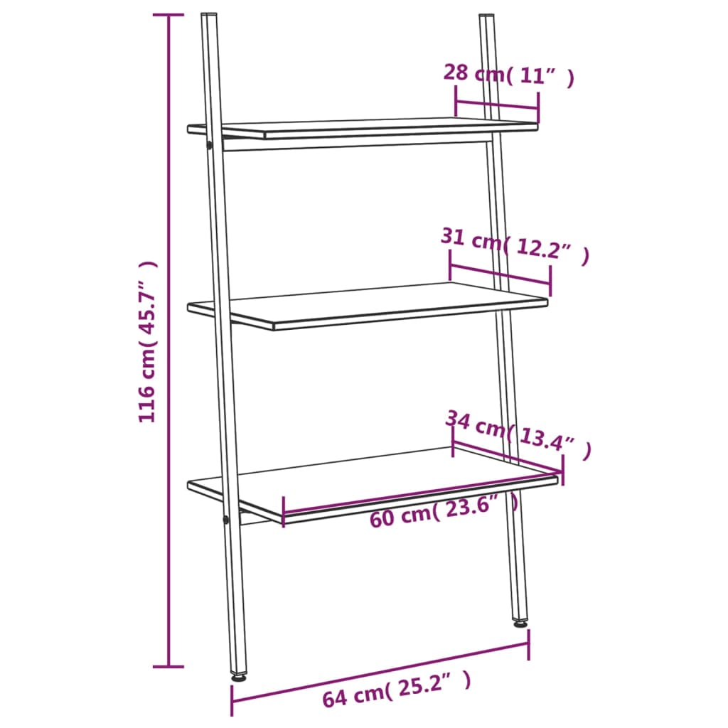 Leiterregal mit 3 Böden Schwarz 64x34x116 cm