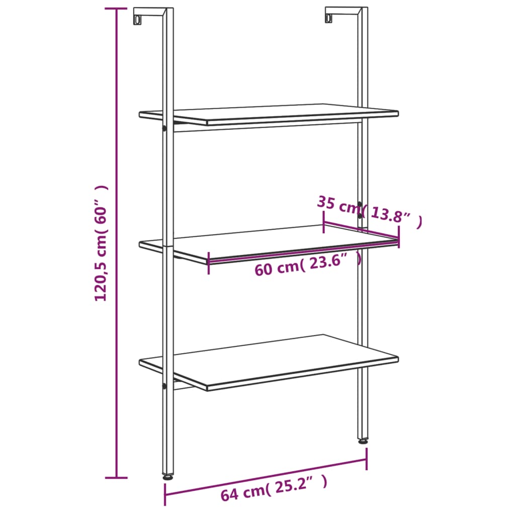 Leiterregal mit 3 Böden Dunkelbraun und Schwarz 64x35x120,5cm