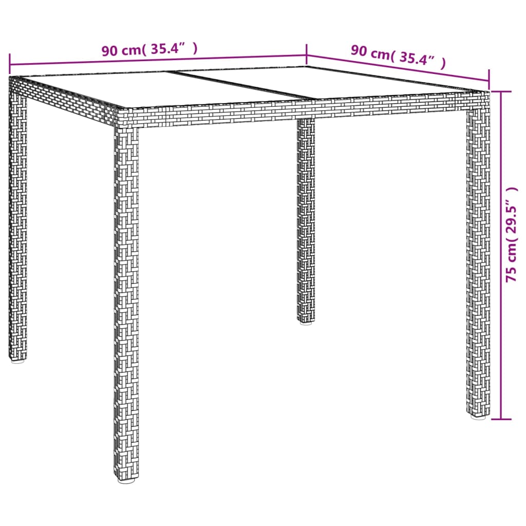 Gartentisch 90x90x75 cm Gehärtetes Glas Poly Rattan Braun