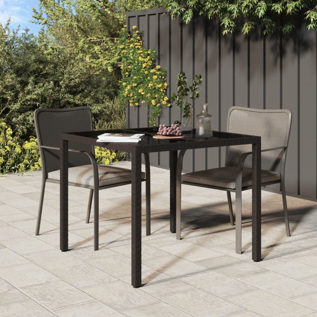 Gartentisch 90x90x75 cm Gehärtetes Glas Poly Rattan Braun