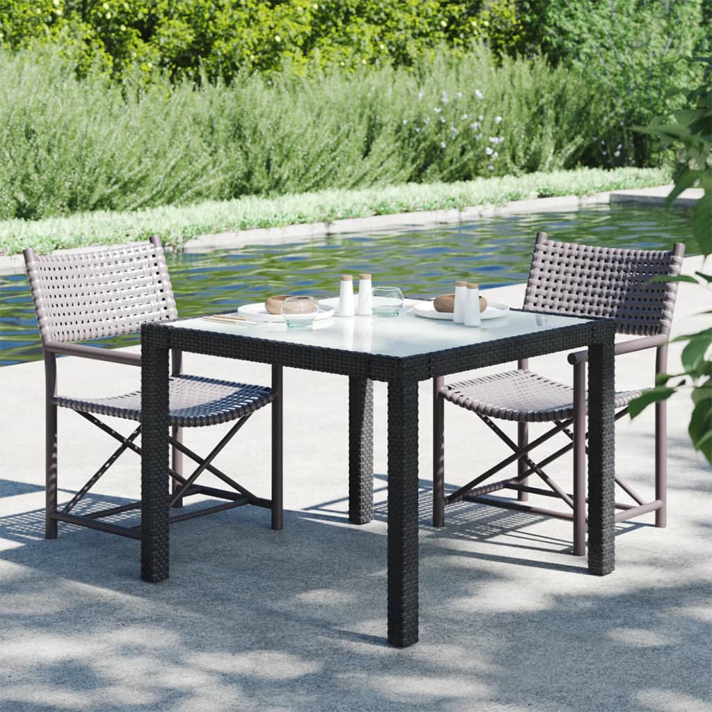 Gartentisch 90x90x75 cm Gehärtetes Glas Poly Rattan Schwarz