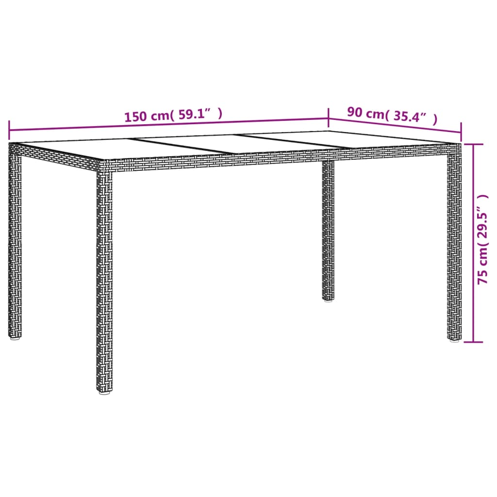 Gartentisch 150x90x75 cm Gehärtetes Glas Poly Rattan Braun