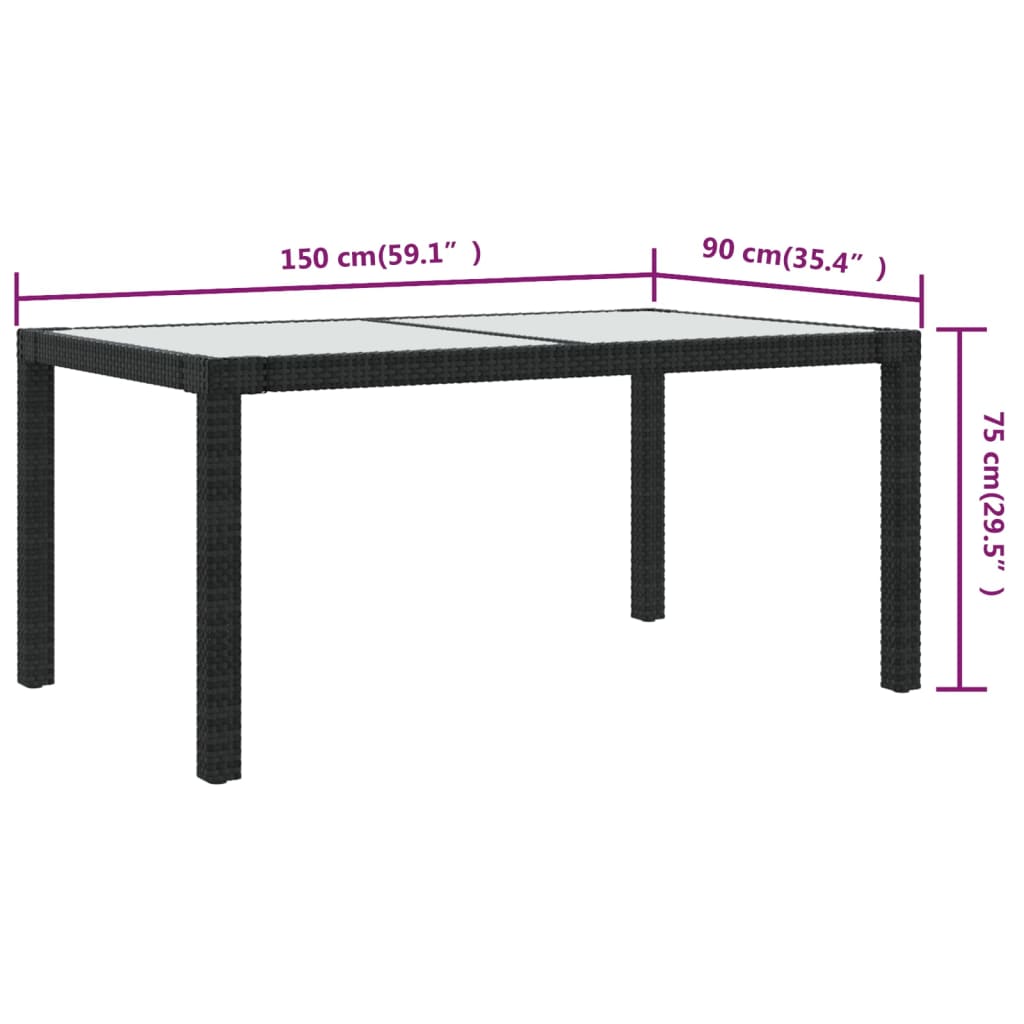 Gartentisch 150x90x75 cm Gehärtetes Glas Poly Rattan Schwarz