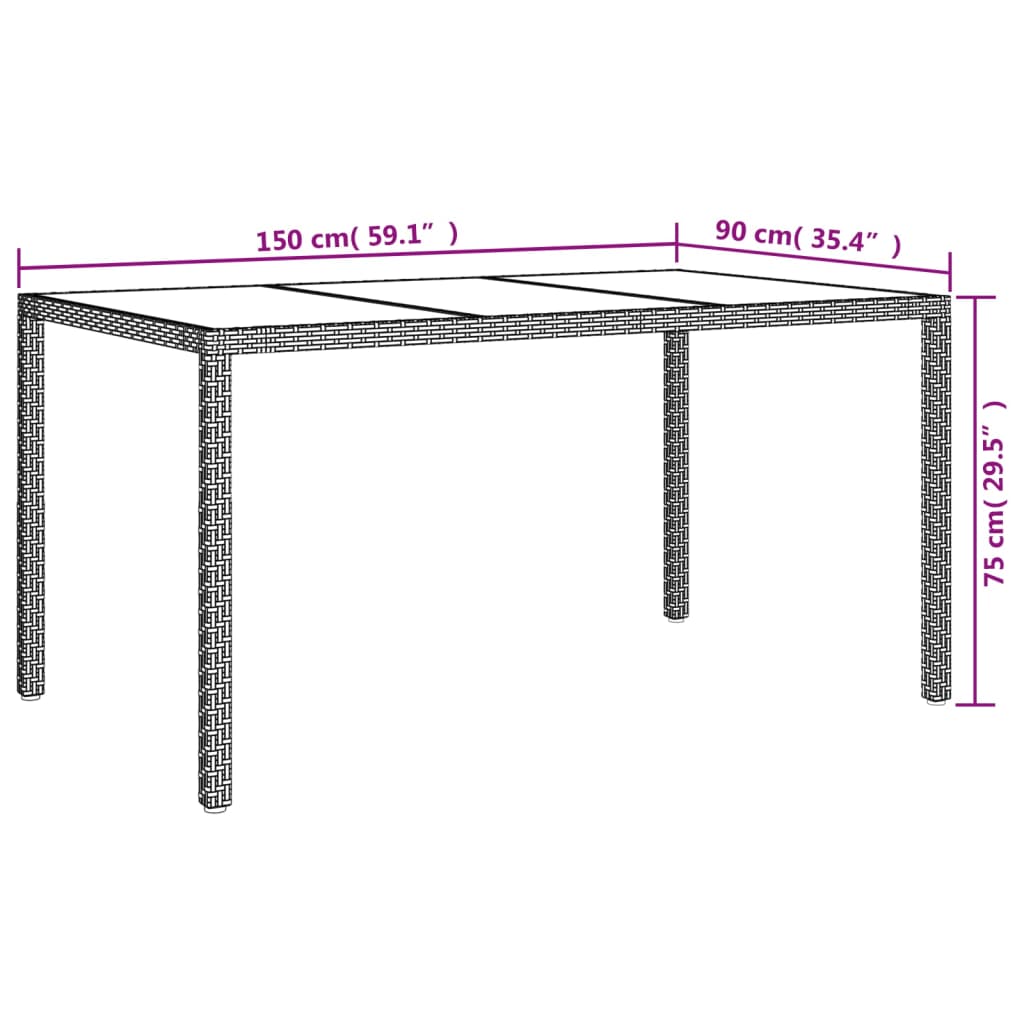 Gartentisch 150x90x75 cm Hartglas und Poly Rattan Grau