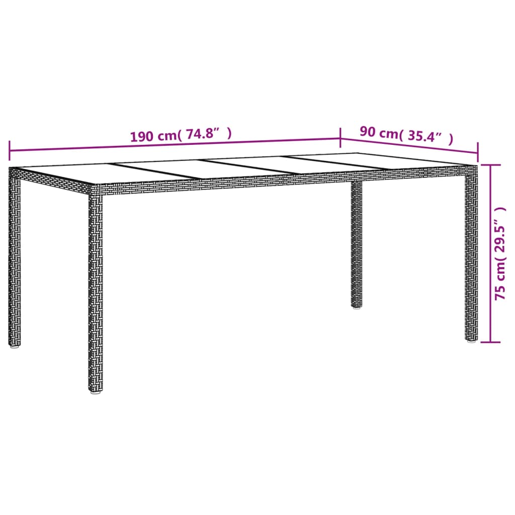 Gartentisch Braun 190x90x75 cm Gehärtetes Glas und Poly Rattan