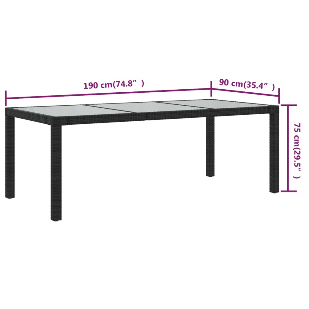 Gartentisch Schwarz 190x90x75 cm Gehärtetes Glas Poly Rattan