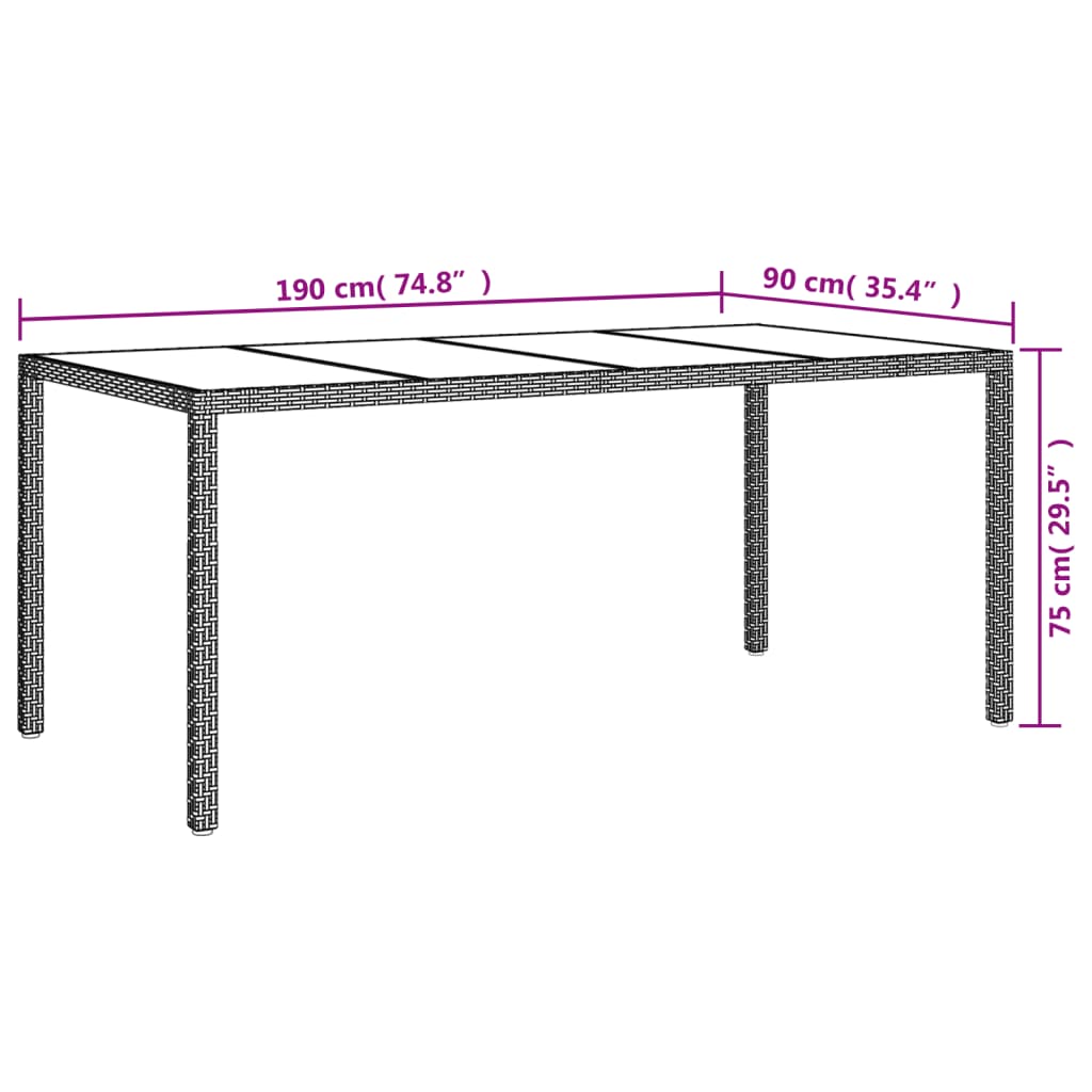 Gartentisch Beige 190x90x75 cm Gehärtetes Glas und Poly Rattan