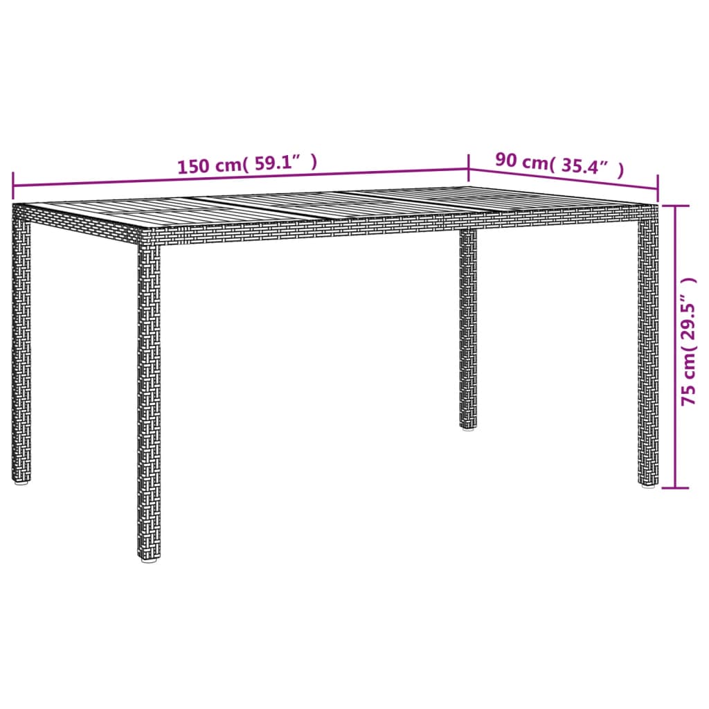 Gartentisch 150x90x75 cm Poly Rattan und Akazienholz Grau