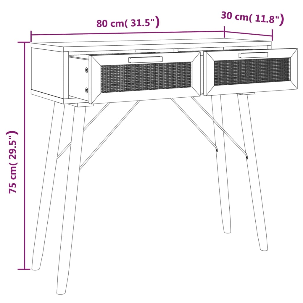 Konsolentisch Weiß 80x30x75 cm Massivholz Kiefer Natur-Rattan