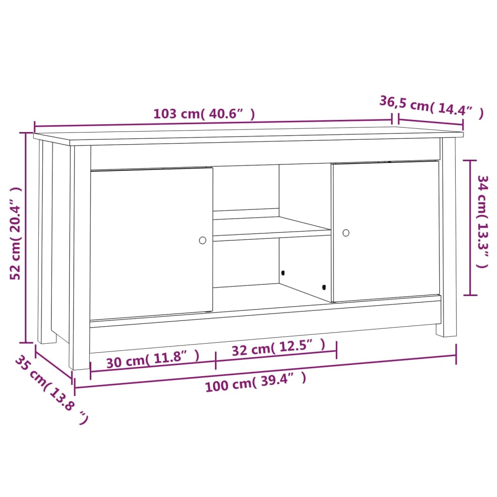 TV-Schrank Schwarz 103x36,5x52 cm Massivholz Kiefer