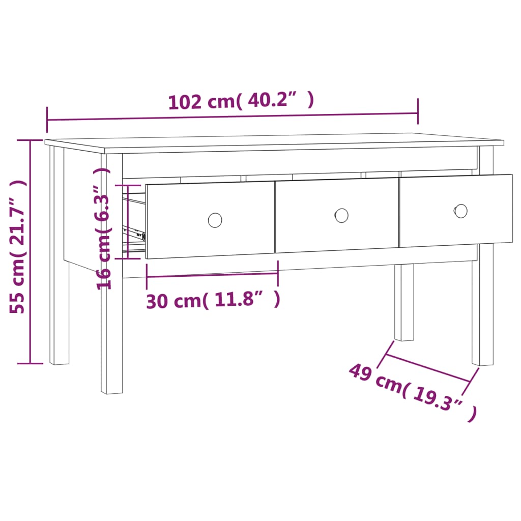 Couchtisch Schwarz 102x49x55 cm Massivholz Kiefer