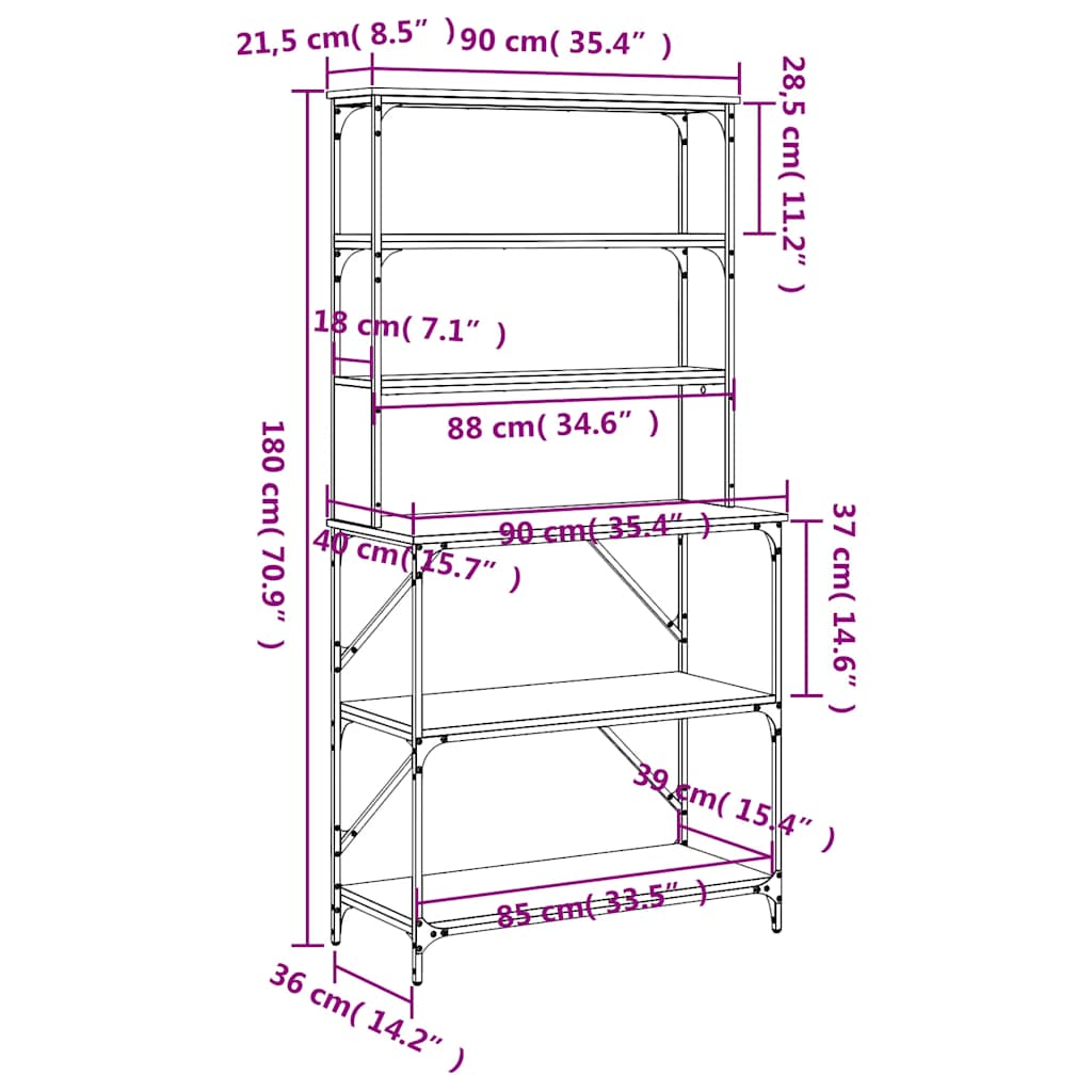 Bäckerregal 6 Fächer Braun Eichen-Optik 90x40x180 cm