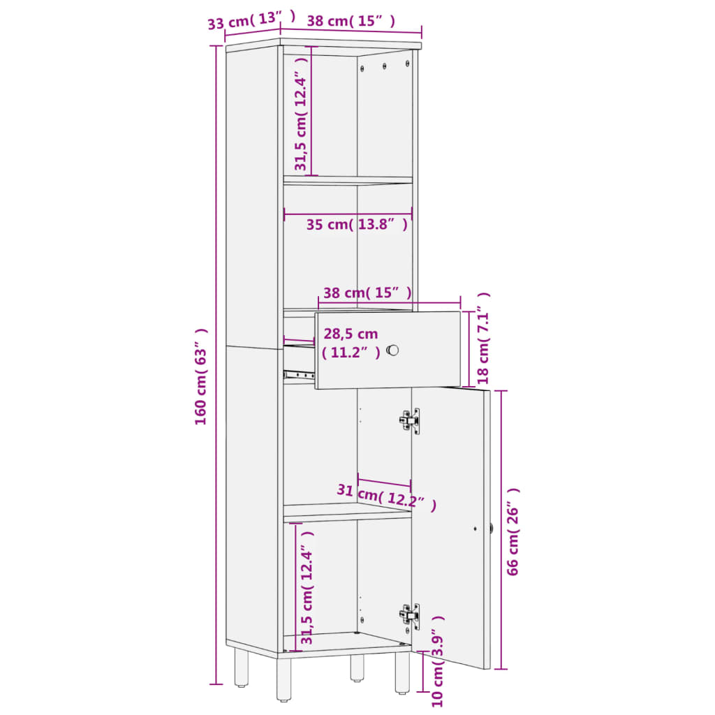 Badschrank Schwarz 38x33x160 cm Massivholz Mango