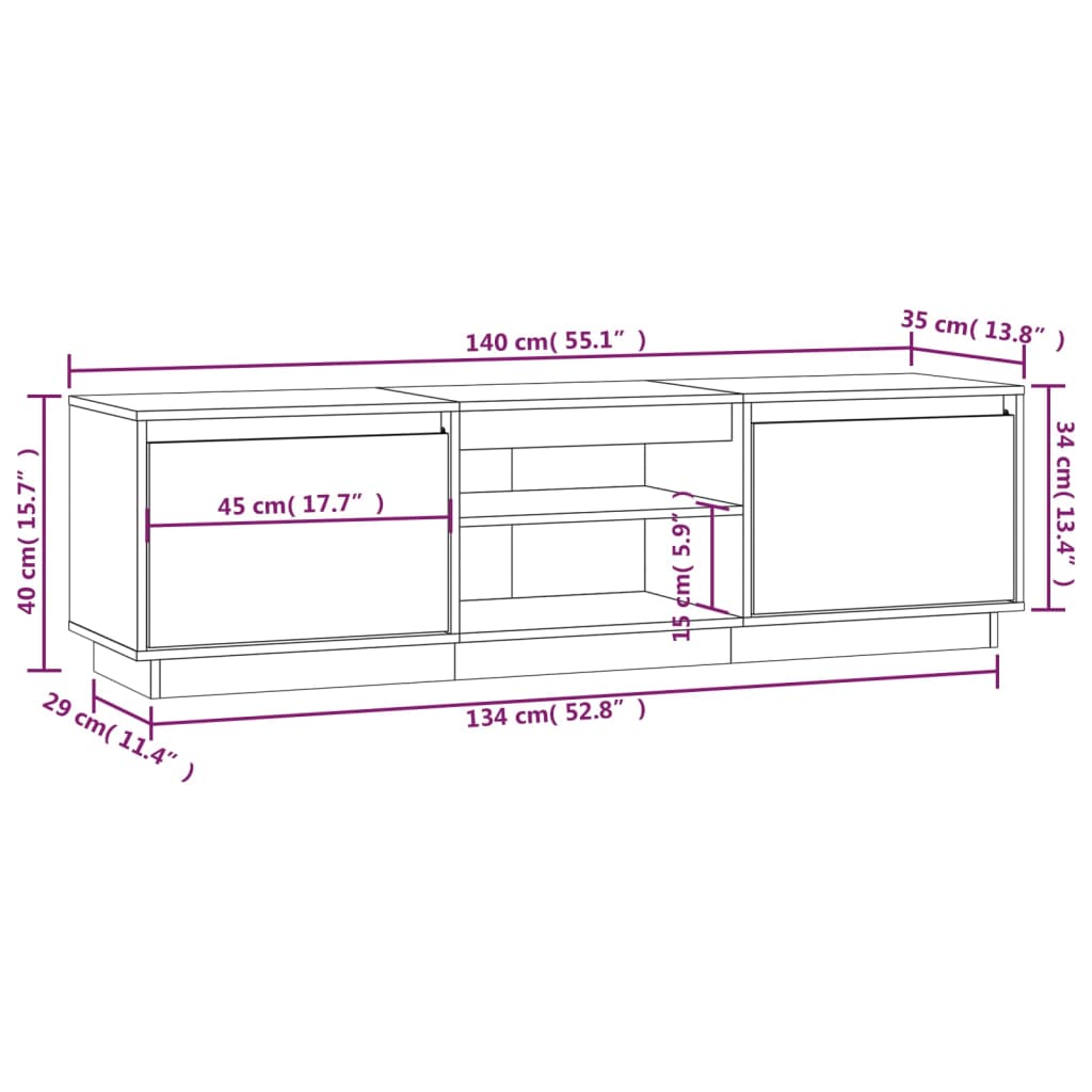 TV-Schrank Grau 140x35x40 cm Massivholz Kiefer