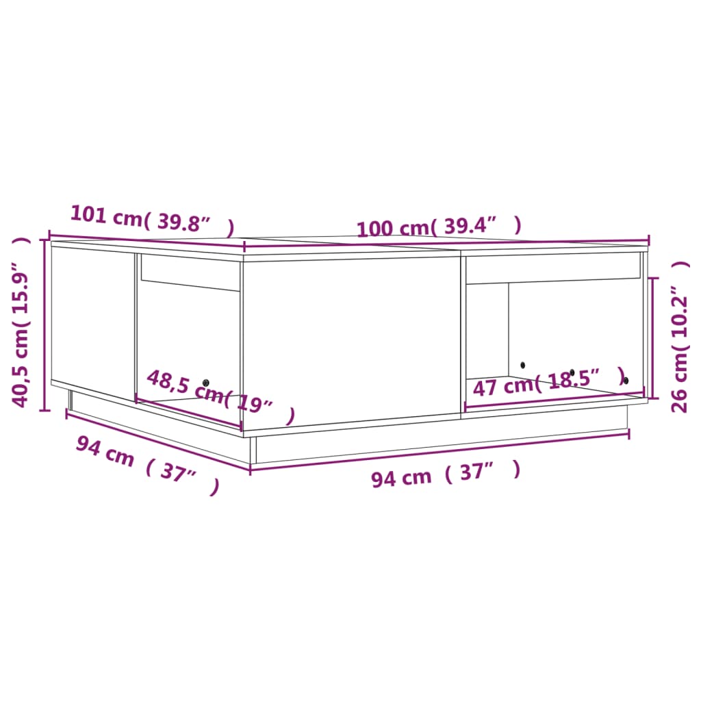 Couchtisch Grau 100x101x40,5 cm Massivholz Kiefer