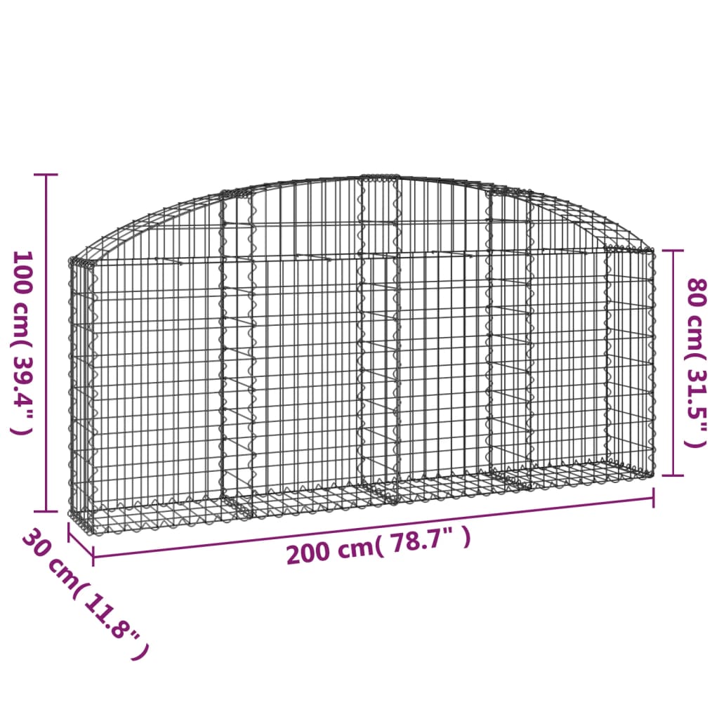 Gabione mit Hochbogen 200x30x80/100 cm Verzinktes Eisen