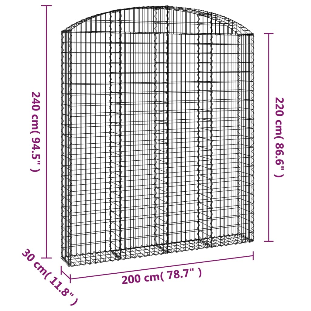 Gabione mit Hochbogen 200x30x220/240 cm Verzinktes Eisen