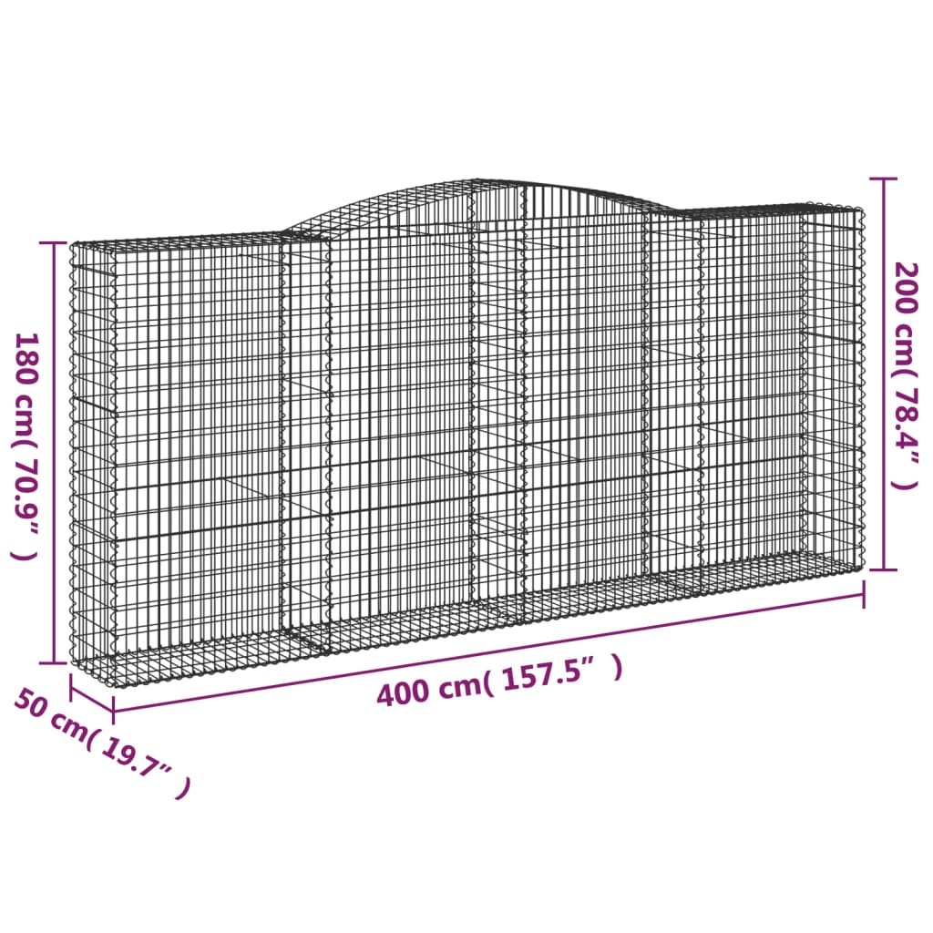 Gabione mit Hochbogen 400x50x180/200 cm Verzinktes Eisen