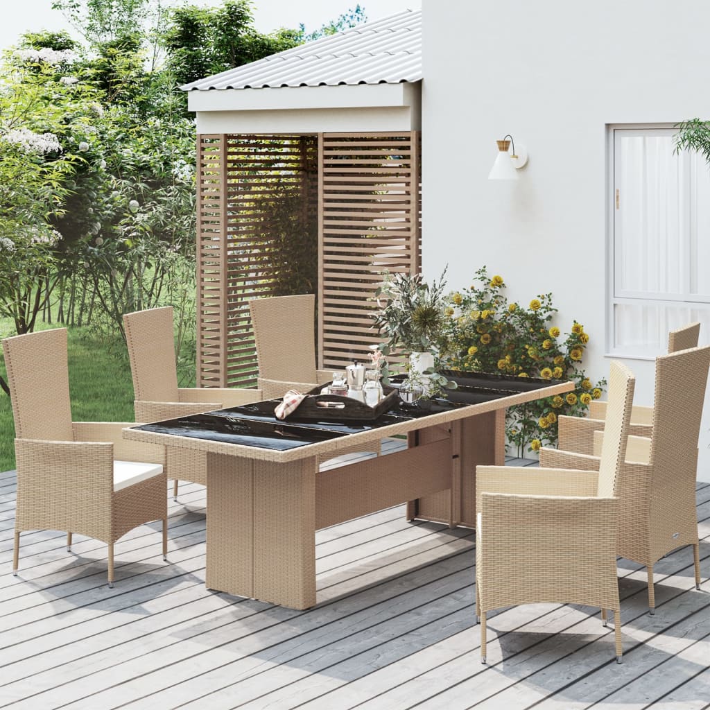 Gartentisch mit Glasplatte Beige Poly Rattan & Hartglas