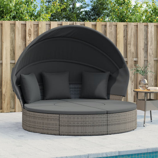 Outdoor-Loungebett mit Dach und Kissen Grau Poly Rattan