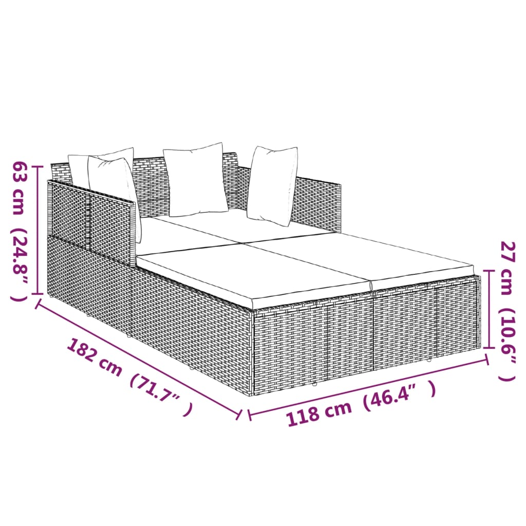 Sonnenliege mit Kissen Schwarz 182x118x63 cm Poly Rattan