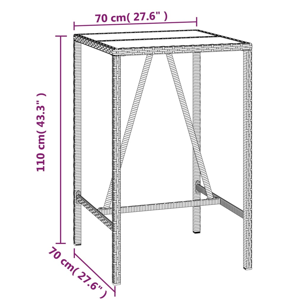 Bartisch mit Glasplatte Schwarz 70x70x110 cm Poly Rattan