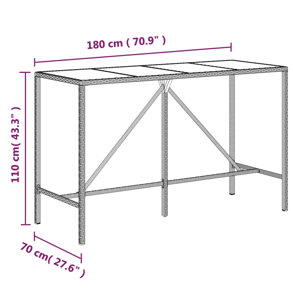 Bartisch mit Glasplatte Braun 180x70x110 cm Poly Rattan