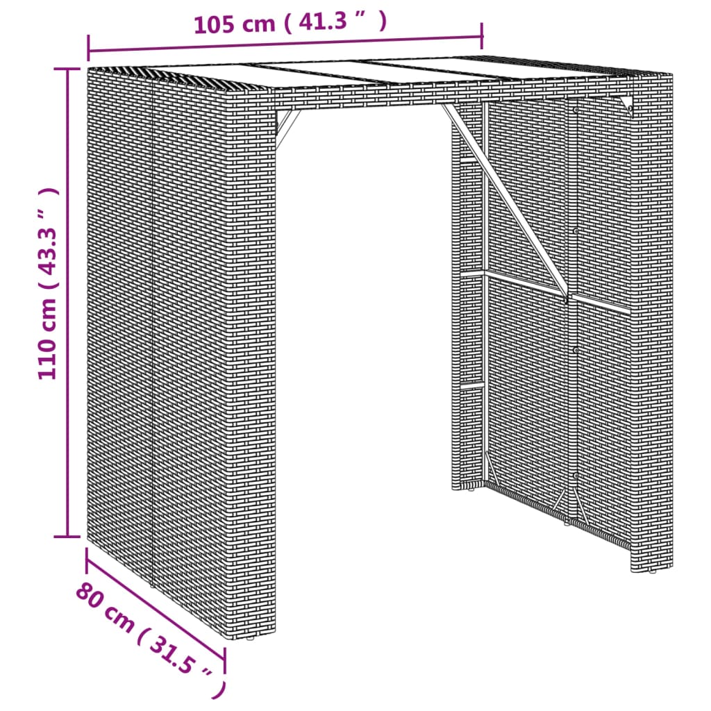 Bartisch mit Glasplatte Grau 105x80x110 cm Poly Rattan