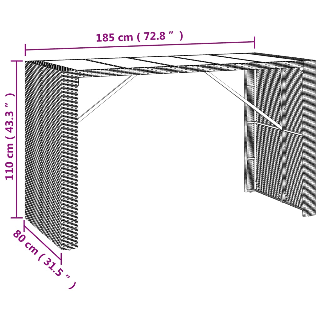 Bartisch mit Glasplatte Braun 185x80x110 cm Poly Rattan