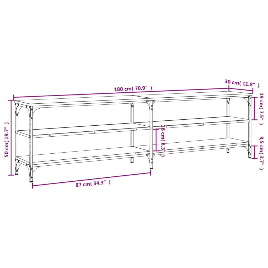 TV-Schrank Grau Sonoma 180x30x50 cm Holzwerkstoff und Metall